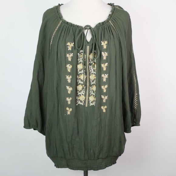 Cocomo Tops - Cocomo Womens 2X Embroidered Peasant Crinkle Boho Top